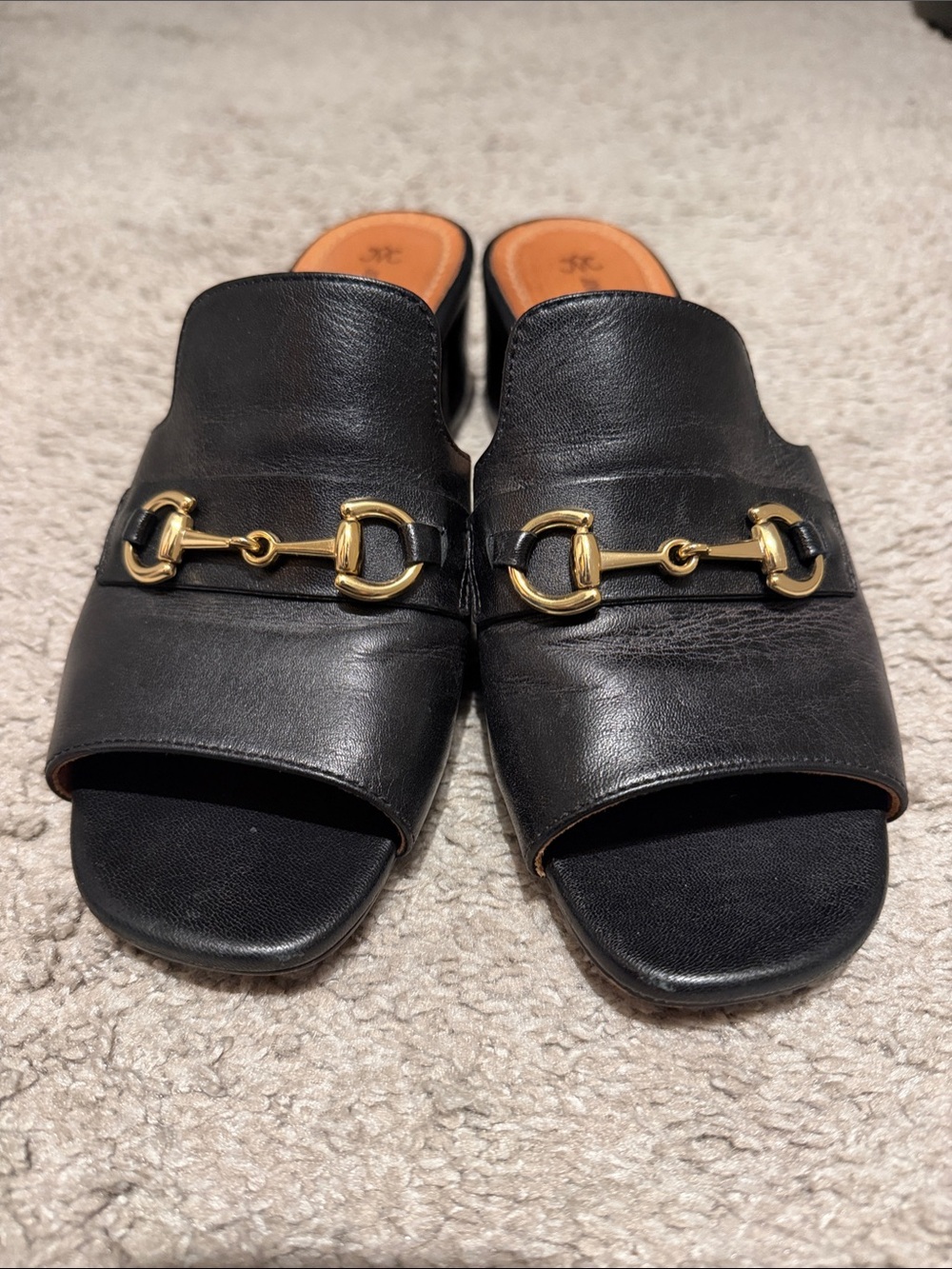 Johnston & Murphy Black Leather Slide Mules with Gold Hardware